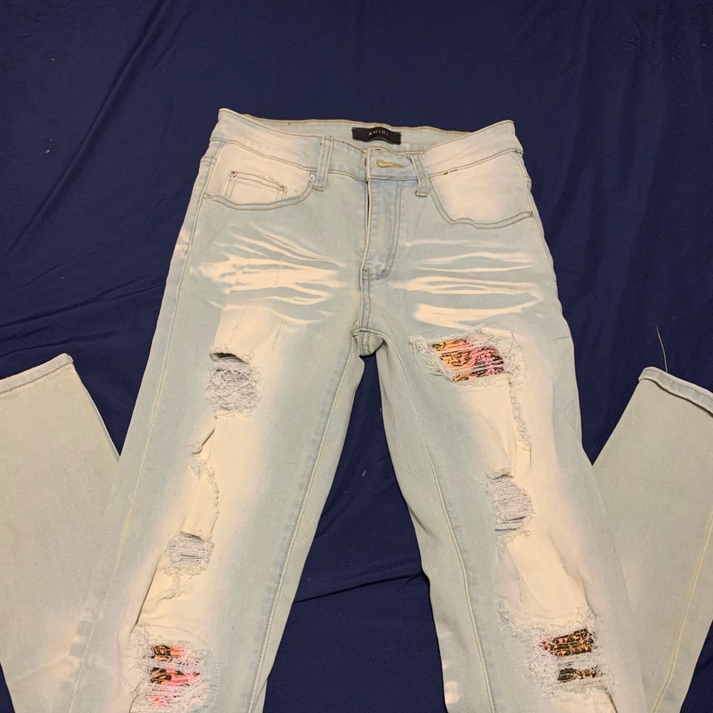 AMIRI Blue Slim Straight Jeans Distressed Denim